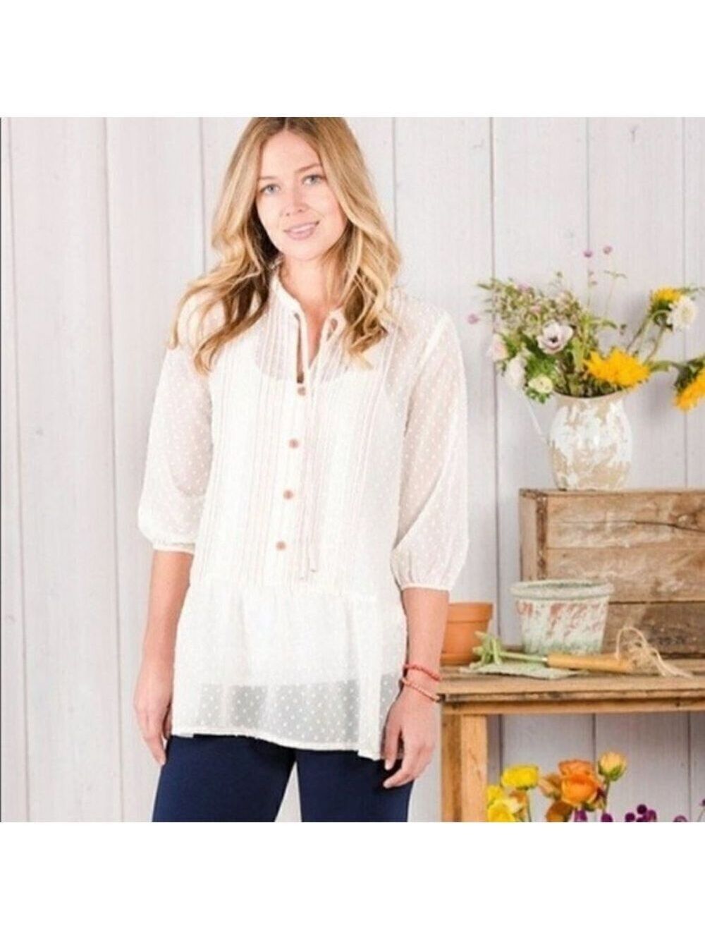 Matilda Jane Light the Way Tunic Blouse Swiss Dot Peplum Babydoll Sheer Top M